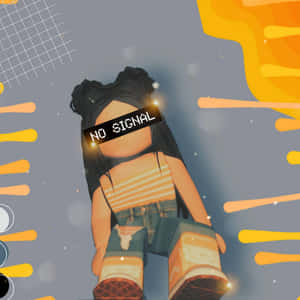 Roblox頭像，眼睛上掛著無信號橫幅，背景為抽象橙色和藍色。