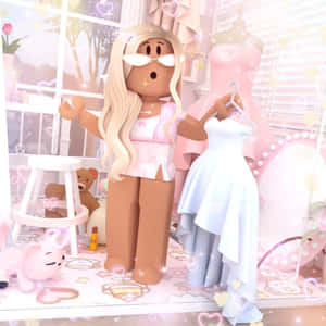Roblox角色在粉紅色房間裡拿著白色連衣裙，周圍有心形和玩具。