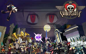 《Skullgirls》動漫角色在滿月下的夜晚城市中戰鬥，背景有巨大的紅色眼睛。