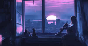 女孩和貓坐在窗邊看著紫色夕陽落在雨中的城市
