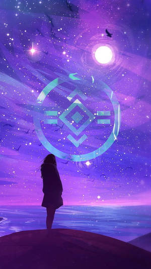 一個人在懸崖上觀看夜空中發光的宇宙符號漂浮在星海之上的剪影。