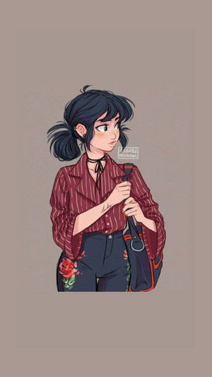 雙馬尾動漫女孩，身穿紅色條紋西裝外套和花卉長褲，拿著一個包包。