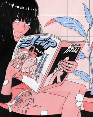 纏著繃帶的動漫女孩在藍色羽毛植物旁邊閱讀漫畫書。 — 粉紅動漫美學 壁紙