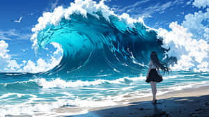一個穿著黑色裙子的女孩站在海灘上，看著在陽光明媚的天空下，帶著雲朵和海鷗的巨大藍色海浪翻騰。