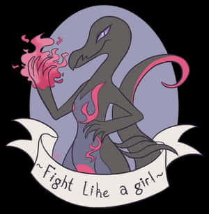 一隻帶有粉紅色火焰和寫有「Fight Like a girl」橫幅的雌龍。