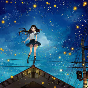 動漫女孩在星空下漂浮在屋頂上方，伴隨著閃爍的光芒。 — 少女風 iPhone 壁紙