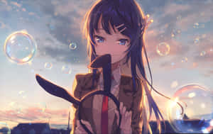 動漫女孩戴著兔耳朵微笑，泡泡在夕陽天空中飄浮 — 動漫女孩 壁紙