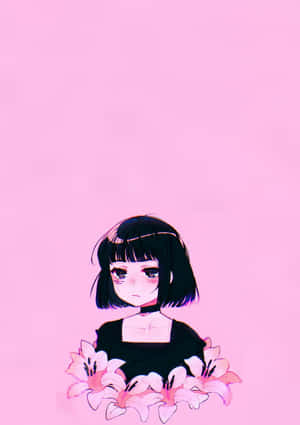 黑色鮑伯頭的動漫女孩在粉紅色背景上拿著粉紅色的百合花。 — 粉紅動漫美學 壁紙