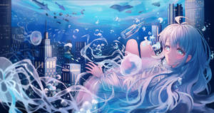 銀髮的動漫女孩漂浮在水下，靠近發光的水母和沉沒的城市建築。