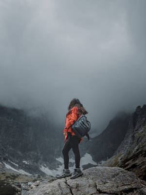 身穿橙色外套的人站在岩石山頂上，下方是霧氣瀰漫的山谷。
