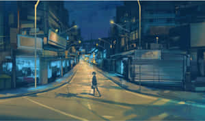一個人在夜晚獨自走在安靜的城市街道上，在閃爍的街燈下。 — 夜景城市 壁紙