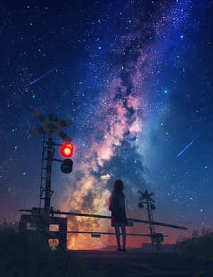 女孩在星空下鐵路平交道，紅色信號燈發光。 — 天空 壁紙