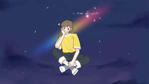 女孩在星空下漂浮，帶有彩虹痕跡和文字 i am olivia