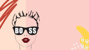 一位自信的女性戴著寫有「BOSS」的太陽眼鏡，背景是粉彩抽象圖案。