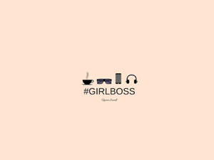 蜜桃色背景上的 Girlboss 標誌，包含咖啡、太陽眼鏡、電話和耳機圖標。