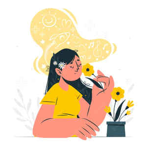 一個女孩聞著向日葵，周圍漂浮著太陽火箭和音符等符號。 — 藝術 壁紙