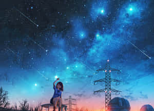 女孩在發光的夜空下伸手觸摸星星，背景有電線和天文台。