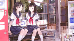 兩個穿著水手服嘅動漫女學生坐喺自動販賣機附近嘅長凳上。 — 動漫女孩 壁紙