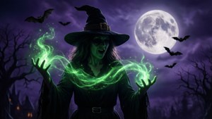 女巫喺滿月下施展綠色魔法，蝙蝠飛舞