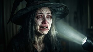 一個哭泣的女巫，眼睛發出紅光，在黑暗的房間裡被手電筒照亮。