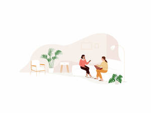 兩位女士坐在沙發上，在現代客廳中與植物一起聊天。