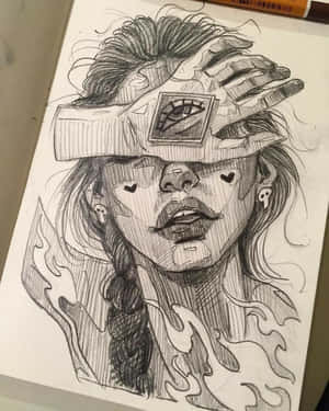 一個頭髮狂野的人，在火焰旋轉環繞下，將一個鑲框的眼睛舉在臉前。