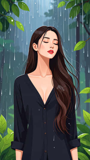 一位長黑髮的女子站在雨中綠葉下，閉上眼睛，身穿黑色襯衫。 — 藝術 壁紙