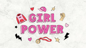 粉紅色「Girl Power」文字，附有拳頭、獎牌、帽子等圖標，背景有紋理。