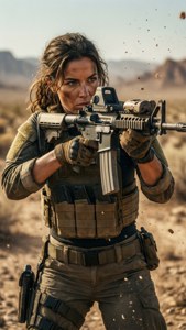 女兵在沙漠戰場上開槍射擊，沙塵飛揚。