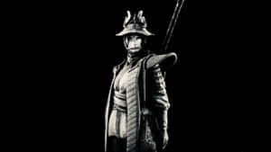 一個全副盔甲的武士戰士在黑色背景前手持長杖。