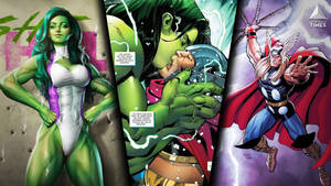 漫畫格中的She-Hulk、Hulk和Thor，帶有動作姿勢和閃電效果。 — 漫威超級英雄 壁紙