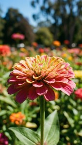 在陽光普照的花園中，以色彩繽紛的花朵為背景，粉紅色百日菊的特寫。