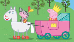 Peppa Pig 做公主，喺一架粉紅色馬車入面，由一個騎士騎住玩具馬拉著。