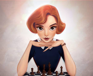 紅髮女性雙手托腮思考棋步。