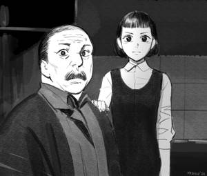 一個留鬍子的受驚男子和一個年輕女孩站在他旁邊，手放在他的肩膀上。