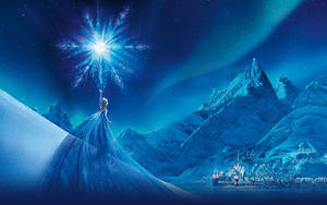 公主在夜間對白雪覆蓋的山脈和城堡施放魔法星爆