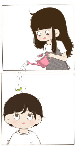 女孩用粉紅色水壺淋水喺男仔頭上嘅幼苗。