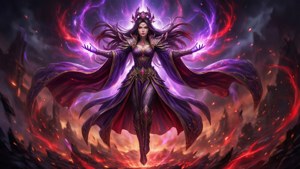 身穿紫色盔甲的奇幻女王，在黑暗風暴中揮舞魔法火焰能量。