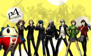 Persona 4 動畫角色穿著校服與吉祥物在黃色背景前。