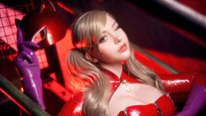 金髮女子身穿紅色乳膠服裝在未來感紅色和紫色場景中擺姿勢