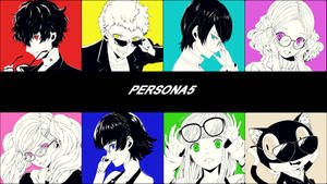 八個Persona 5角色，以動漫風格呈現，帶有粗線條和多彩背景。