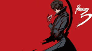 動漫角色穿著黑色乾濕褸，在紅色背景前拿著白色卡片，帶有 Persona 5 標誌。