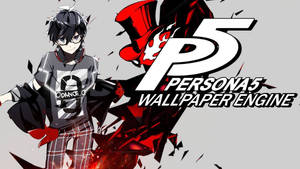 來自 Persona 5 的動漫角色，戴著紅色高帽和眼鏡，站在遊戲標誌旁邊。