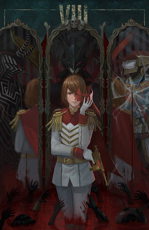 動漫士兵身穿白色制服，手持武器，周圍是鮮血和破碎的鏡子。