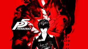 來自 Persona 5 的動漫角色手持帶有遊戲標誌的牌子，背後有陰影人物。 — 女神異聞錄5 壁紙