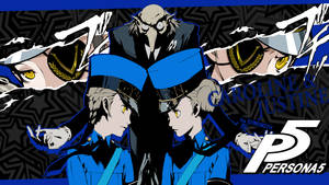 兩個身穿藍色制服、黃色眼睛的動漫角色在一個圖形化的 Persona 5 場景中對峙。