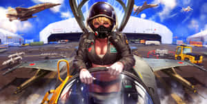 金髮女飛行員在空軍基地的戰鬥機駕駛艙內，背景有飛機和機庫。 — 飛機 壁紙