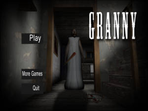 「Granny」的遊戲菜單，顯示走廊中可怕的婆婆和遊戲選項。