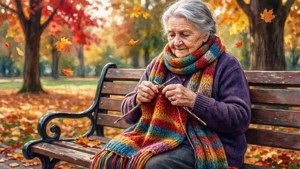 一位老婦人在公園長椅上編織一條色彩繽紛的圍巾，周圍環繞著飄落的秋葉。