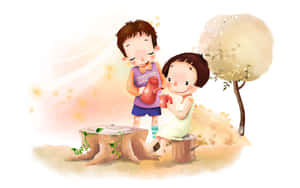 兩個孩子在柔和的戶外場景中，在樹樁上一起喝茶。 — 繪畫 壁紙